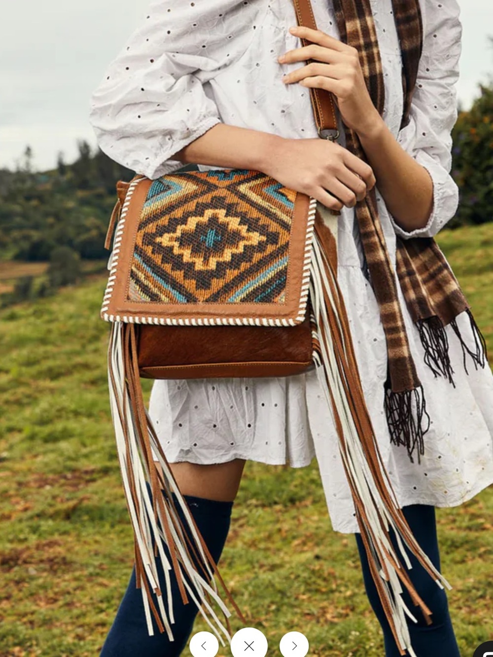 Myra Bag Boho Chic Style Leather & Hairon Bag Fringed Aztec Weaved Upcycled